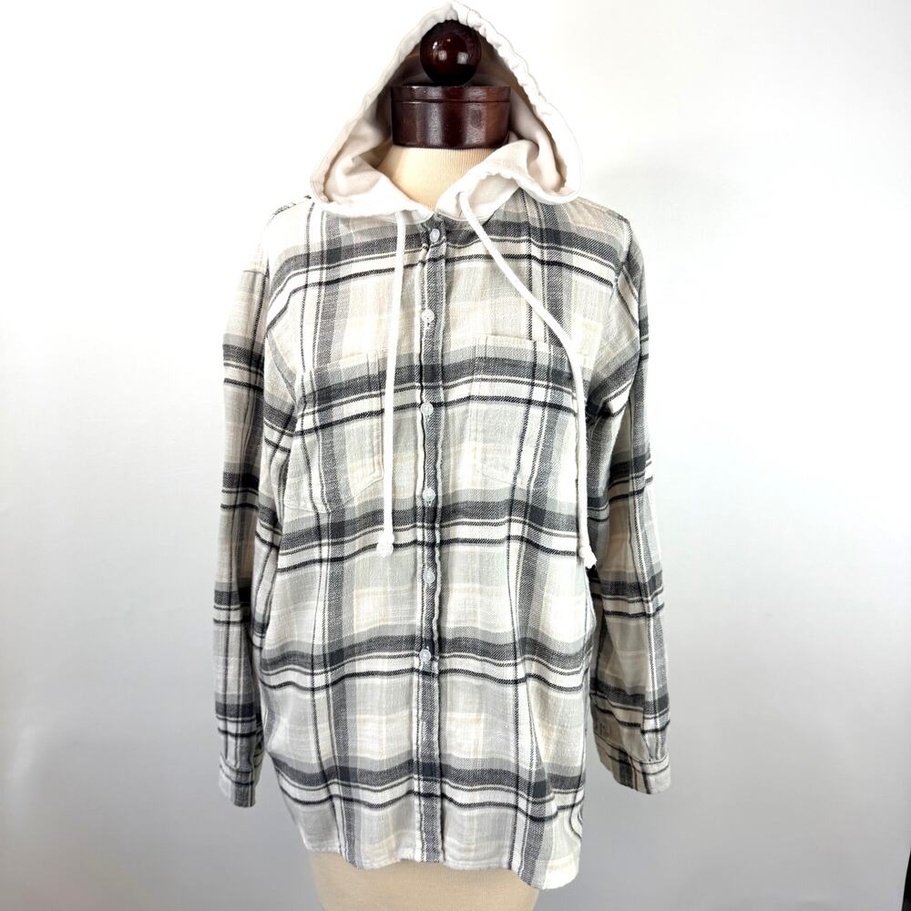 American Eagle Womens Small Black Gray White Hooded L/S Shirt